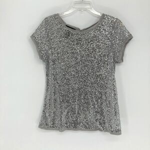 Vintage INC Sequin Mesh Top LARGE PETITE Silver Metallic Sheer Y2K Glam